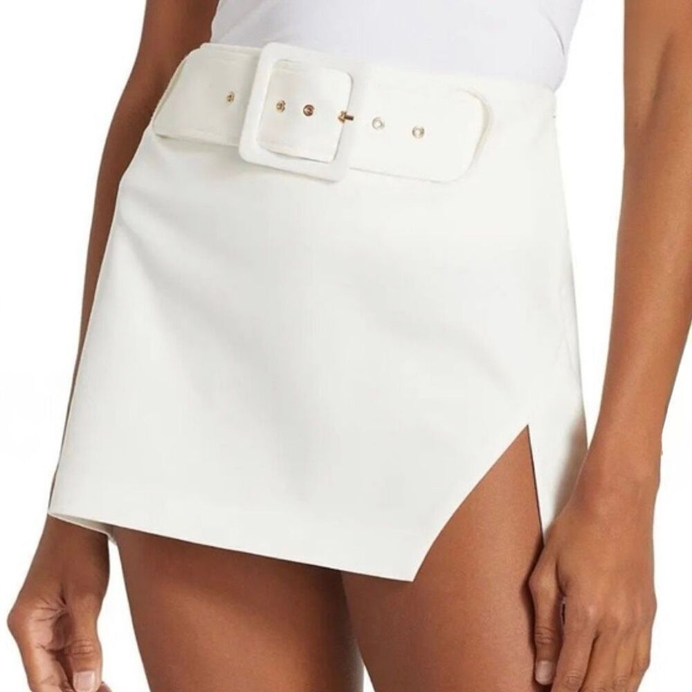 NWT Ramy Brook Jones Ivory Belted Mini Skirt 10 White High Rise Slit Date Night - Picture 2 of 7